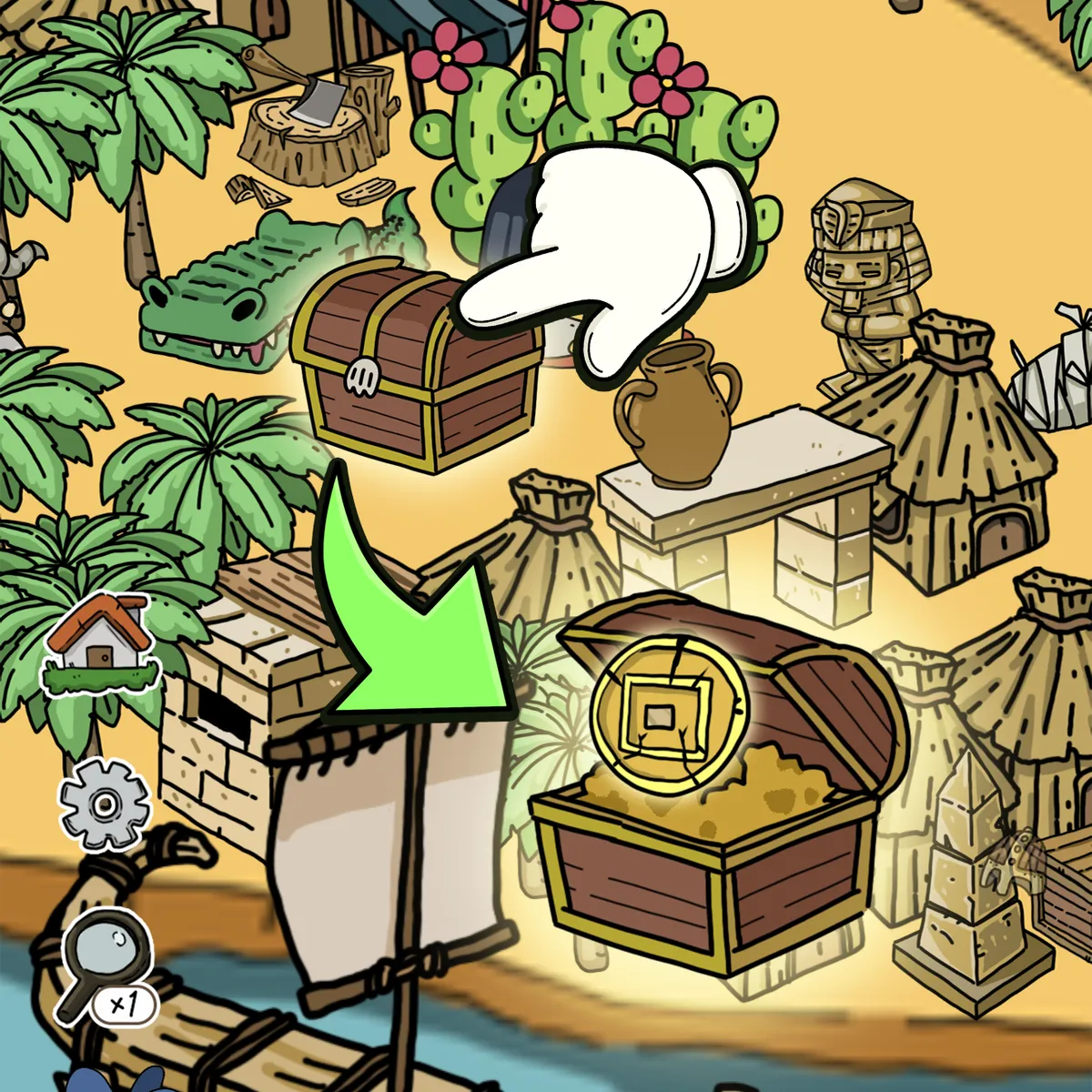 A beach cove with treasure chests